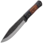 The knife has a full-tang, 5 3/4” rough-forged and satin finished stainless steel, clip point blade that’s keenly sharp