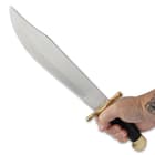 The knife has a razor-sharp 10 3/4” stainless steel, clip point blade, extending from a polished brass hand-guard
