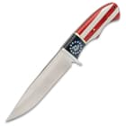 Large fixed blade bowie knife with a silver blade and American flag handle with “2nd Amendment” printed onto the flag on a white background. 