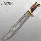 Timber Wolf Tanis Tomb Knife With Sheath - Damascus Steel Blade, Banded Wood Handle, Brass Pommel And Handguard - Length 16”