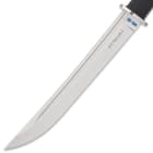 It has a massive, thick, 10 3/4", full tang VG-10 steel blade with a deep blood groove that spans the entire length of the blade