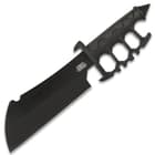 It has a keenly sharp, 7 3/4” 1065 high carbon steel cleaver blade with a black, hard coating and it features a blood groove