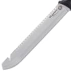 The machete has a 11 3/4”, razor-sharp 3Cr13 stainless steel blade with a sawback and a gut hook