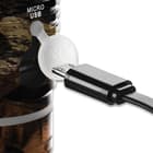 The Nebo Slyde King Camo Rechargeable Flashlight is powered by a Li-ion rechargeable battery and a Micro USB to USB cable is included