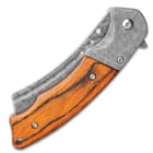 Boot Hill Razor Pocket Knife - Damascus Pattern Steel Blade, Wooden Handle Scales, Assisted Opening, Damascus Bolsters, Pocket Clip