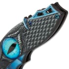 The assisted opening fantasy pocket knife is 4 3/4”, when closed, and it has a black metal pocket clip for ease of carry