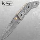 Kriegar Damascus Pocket Knife With Pouch - Damascus Steel Blade, Damascus Steel Handle, Brass Thumbstud - Closed 4 1/2”