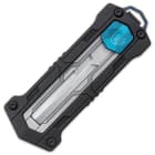 The blade can be quickly deployed with the manual out-the-front opening, using the sliding mechanism and button lock