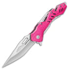 Rampage Pink Atomica Assisted Opening Pocket Knife - Stainless Steel Blade, Aluminum Handle, Bottle Opener, Pocket Clip - Closed 4 3/4”