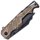 The 4 1/2” ridged, tan aluminum handle features a bottle opener, screwdriver and an integrated carabiner clip