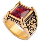 Red Jeweled Medici Ring - Two-Toned Stainless Steel Construction, Faux Jewel, Remarkable Detail - Available In Sizes 9-12