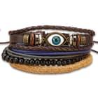 Inner Eye Stacked Bracelets - Set Of Four - Leather Thongs, Wooden Beads, Natural Jute, Metal Accents, Knot Slide Pulls