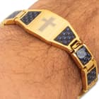 Gold And Blue Carbon Fiber Cross Bracelet - 3Cr13 Stainless Steel, Health Element Magnets Inside - Length 8 1/2”