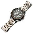 The watch is water-resistant up to 30m and the shock-resistant case is of rust-resistant stainless steel with a resin window