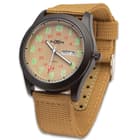M48 Tan NATO Watch - Analog, Metal Case, Canvas Band, Glow-In-The Dark Numbers And Hands, Date Window, Military Time