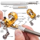 Silver Fishing Pen - Compact Rod And Reel, Aluminum Alloy And Fiberglass Construction, Realistic Pen Case, Rod Expands To 38”