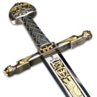 The high-quality, 38 1/2” overall sword has a stainless steel blade with Damasquinado decorations acid-etched in black and gold