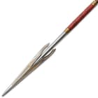 The 84” long spear is crafted of wood and reinforced polyresin cold cast steel, with precisely-molded details and coloring