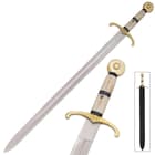 Camelot Sword shown with 32” stainless steel blade, bone handle, and black leather sheath. 