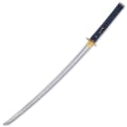 The 1045 steel blade is hand forged and measures 27 3/4" with blue nylon cord wrapped handle. 