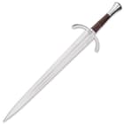 Honshu 1065 high carbon steel sword with wooden handle wrapped in brown leather attached to polished handguard

