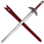 This two-handed sword has a 34” long, high carbon steel blade with a wide fuller traveling almost its full length