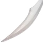 Closeup view of the shamshir’s curved blade, made of stainless steel. 