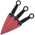 Each of the three 5 1/2” throwing knives has a one-piece stainless steel construction with a black, cord-wrapped grip