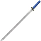 The sword has a 28 7/10” 1045 carbon steel blade with a sharp edge and a traditional, faux rayskin and blue cord-wrapped handle