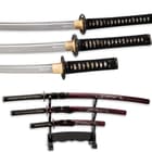 All three swords have a white ray skin handle with black cord wrapped around it and brass menuki and have a wooden display. 