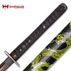 The black cord wrapped handle with brass menuki lays next to the bright green and white dragon designed scabbard. 