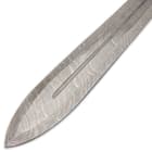 The short sword has a full-tang 16”, double-edged Damascus steel blade with a deep blood groove