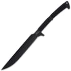 It has a solid, one-piece 3Cr13 stainless steel construction with a non-reflective, black-coated finish and a 14 5/8” blade