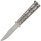 Bear & Son Silver Vein Handle Butterfly Knife has a 4” stainless steel, hollow ground, clip point blade with a satin finish and a double tang pin design
