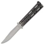 The Bear & Son Black Handle Butterfly Knife has a 4” stainless steel, hollow ground, clip point blade with a satin finish and a double tang pin design for great performance