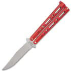 The Bear & Son Red Handle Butterfly Knife has a 4” stainless steel, hollow ground, clip point blade with a satin finish and a double tang pin design for great performance