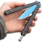 Vortex Balisong Butterfly Knife - Stainless Steel Blade, Blue Finish, Anodized Aluminum Handles, T-Latch - Length 9”