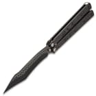 Black Dragon Butterfly Knife - Stainless Steel Blade, Molded Steel Handle, Latch Lock, Double Flippers - Length 9 1/4”