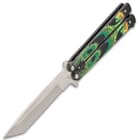 This butterfly knife has a 4” stainless steel blade with satin finish and ornate dragon black steel handles.
