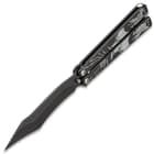 Ghost Dragon Butterfly Knife - Stainless Steel Blade, Black Non-Reflective Finish, Raised Artwork, Latch Lock - Length 9 1/4”
