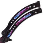 The black handles are of stainless steel with resin inserts that have the purple cosmic design to match the blade