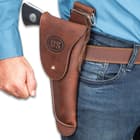 US M1916 Full-Size Pistol Holster - Fits 1911 Colt Pistol -  Premium Leather, Top-Stitching, Metal Stud Closure, Metal Hook And Belt Thru-Slots - Reproduction