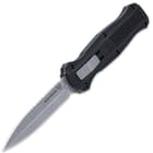 Extended pocket knife with satin double-edged dagger blade with "Benchmade" engraving and black aluminum handle with silver sliding button. 
