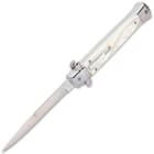 Side view of pearl handled switchblade stilleto knife with silver mirror polished 4 3/4" blade. 
