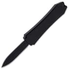 5 1/4" non-reflective black OTF pocket knife with double edged stainless steel blade with key chain hole.
