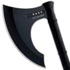 It has a 6” wide, 7Cr13 stainless steel bearded axe head with a hair-shaving sharp, 8 1/2” blade that has a black finish
