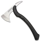 Tomahawk Axe with a black textured nylon handle and silver axe head with Honshu printed in black in the center of the blade.
