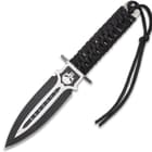 The stainless steel handle has been expertly, wrapped Samurai-style in black, nylon rope and it has a wrist lanyard