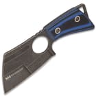 It has a keenly sharp, 3 1/2” 3Cr13 stainless steel cleaver blade with a stonewashed finish and an integrated finger ring