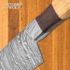 Timber Wolf Chef’s Knife With Wooden Sheath - Fire Pattern Damascus Steel Blade, Rosewood And Oil Wood Handle - Length 13”
